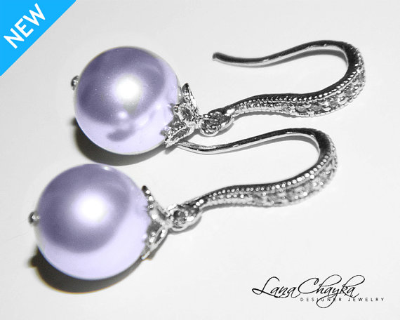 Hochzeit - ON SALE Lavender Pearl Drop Earrings Light Violet Pearl Earrings Wedding Earrings Swarovski 10mm Pearl Lavender Earrings Free US Shipping