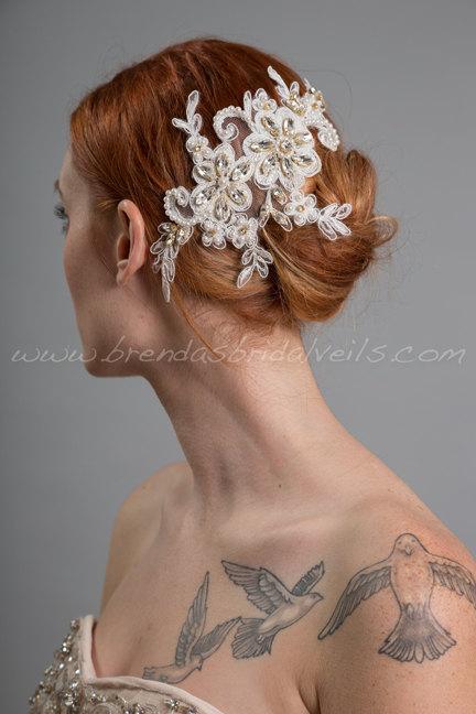 زفاف - Ivory Lace Bridal Hair Piece, Pearl and Lace Wedding Hair Comb, Birdcage Fascinator - Jillian