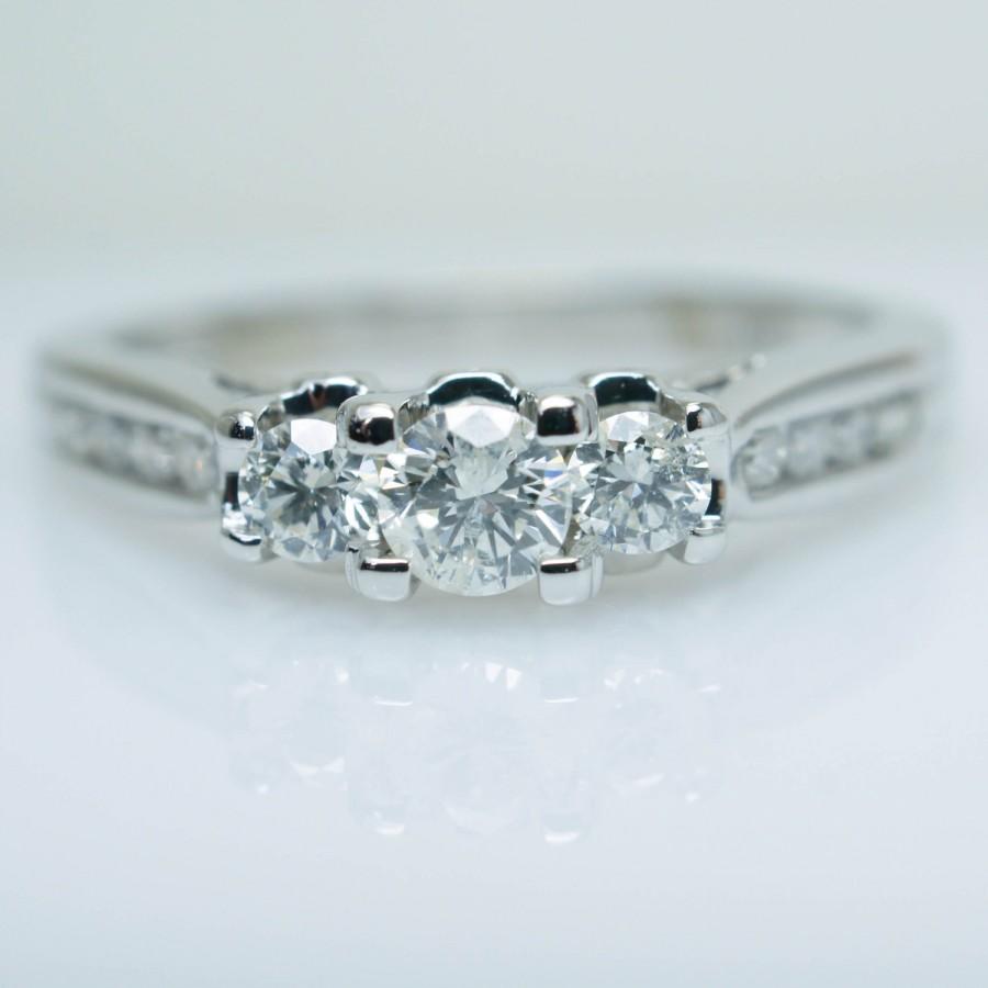 Wedding - Vintage Three Stone Engagement Ring Diamond Engagement Ring 14k White Gold Vintage Jewelry Antique Engagement Ring