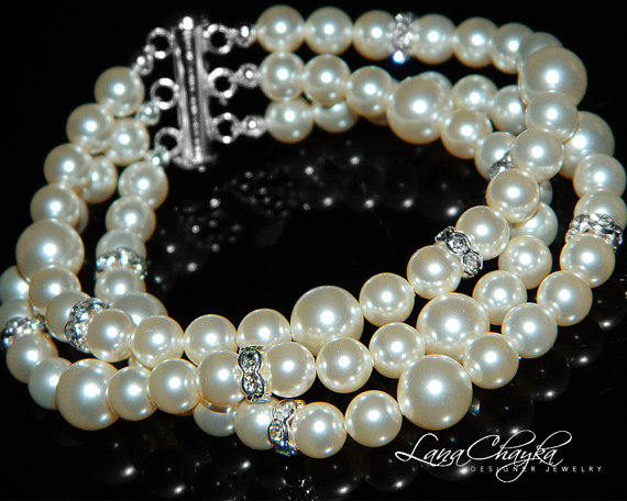 Wedding - Ivory Pearl Cuff Bracelet Bridal Ivory Pearl Bracelet Swarovski Pearl Bracelet Wedding Pearl Silver Bracelet Bridal Jewelry FREE US Shipping