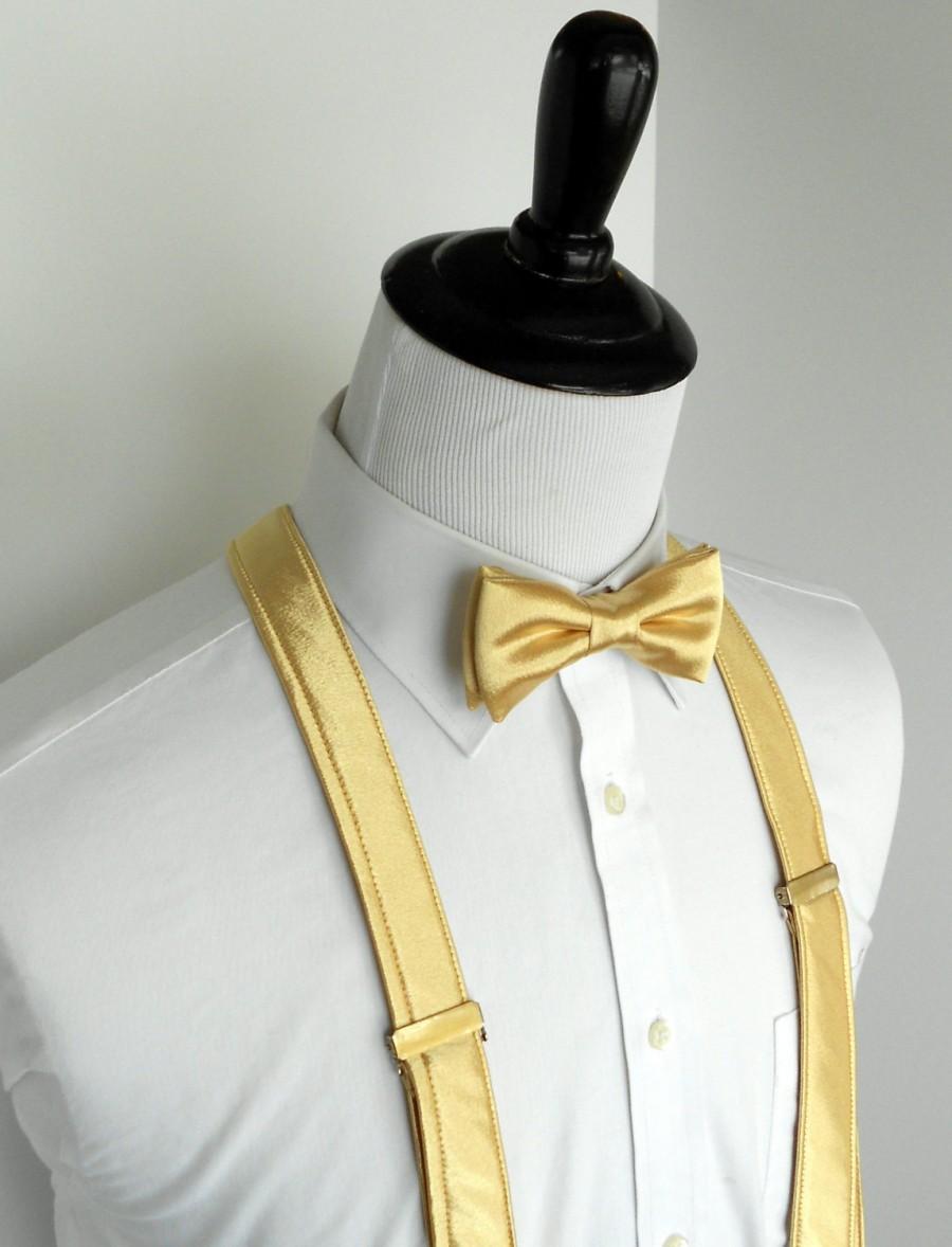زفاف - Gold Satin Bowtie and Suspenders Set - infant, toddler, boy, youth, men- Christmas, Holiday, Photo Prop