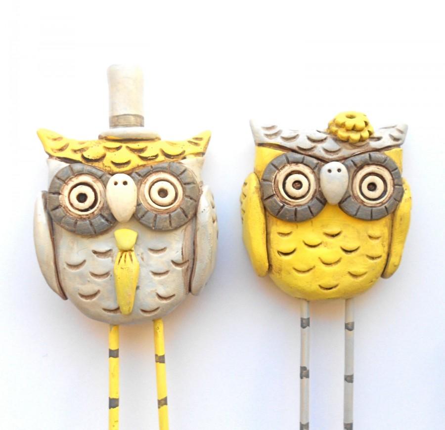 Wedding - Gray and Yellow Owls wedding cake topper