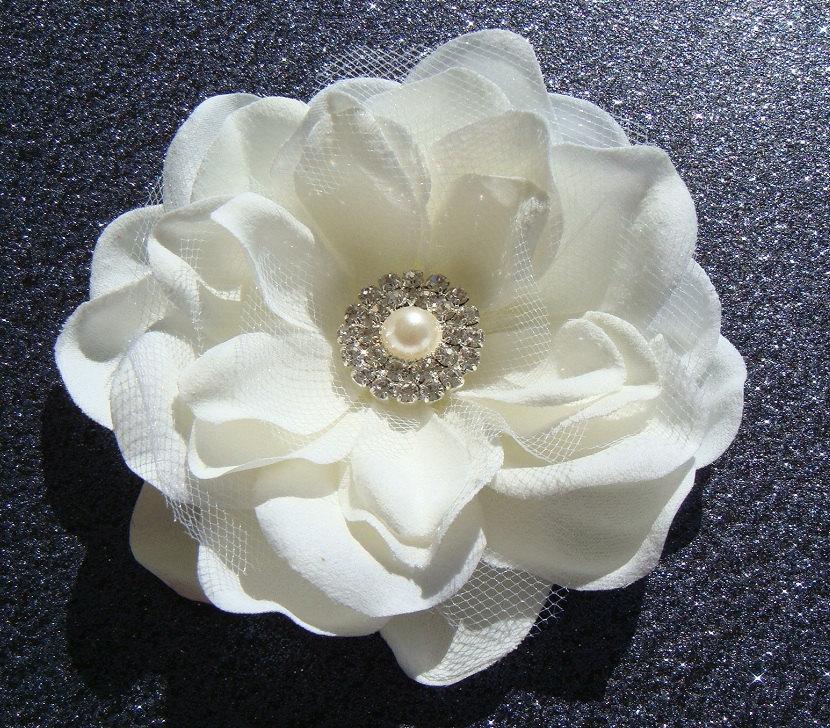 Mariage - Bridal Ivory Flower with tulle pearls rhinestones / ivory hair flower clip / wedding flower hair clip