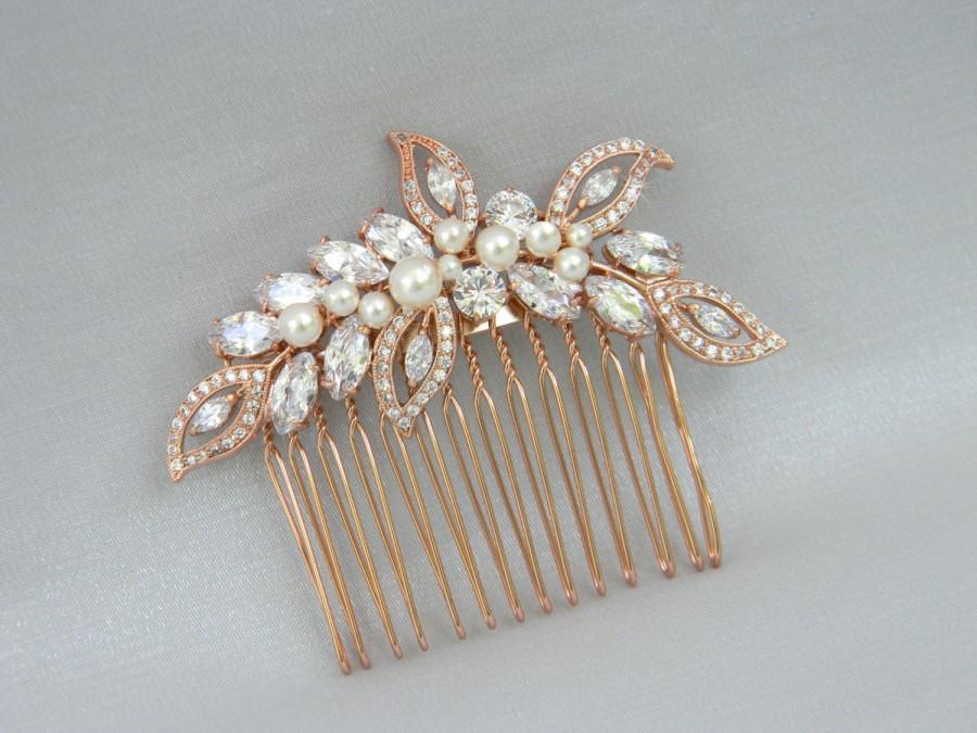 Wedding - Rose Gold Hair Comb, Bridal Hair comb, Pearl Bridal Comb, Swarovski Wedding headpiece, Bridal hair clip, Linneah Rose Gold Hair Comb