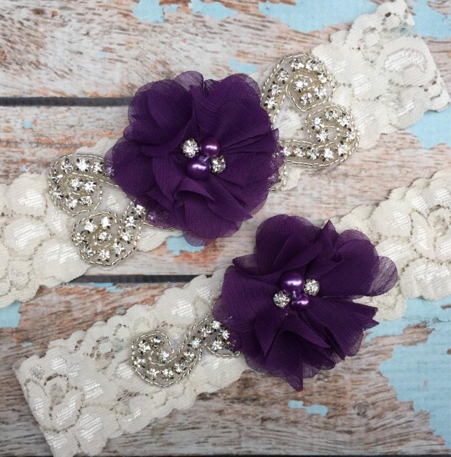 Mariage - Plum Wedding garter / Lace garter SET / bridal  garter / vintage lace garter / chiffon flower / toss garter / wedding garter