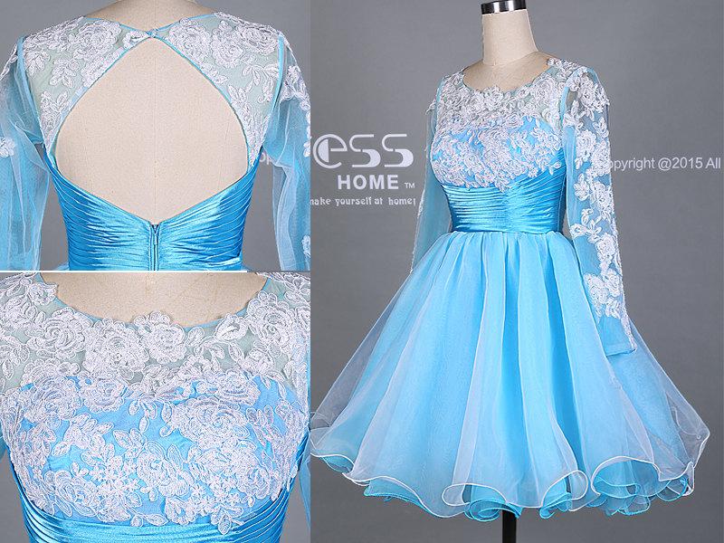 Mariage - Sky Blue Long Sleeves Keyhole Lace Homecoming Dress/Puffy Homecoming Dress/Short Organza Party Dress/Short Lace Prom Dress DH476