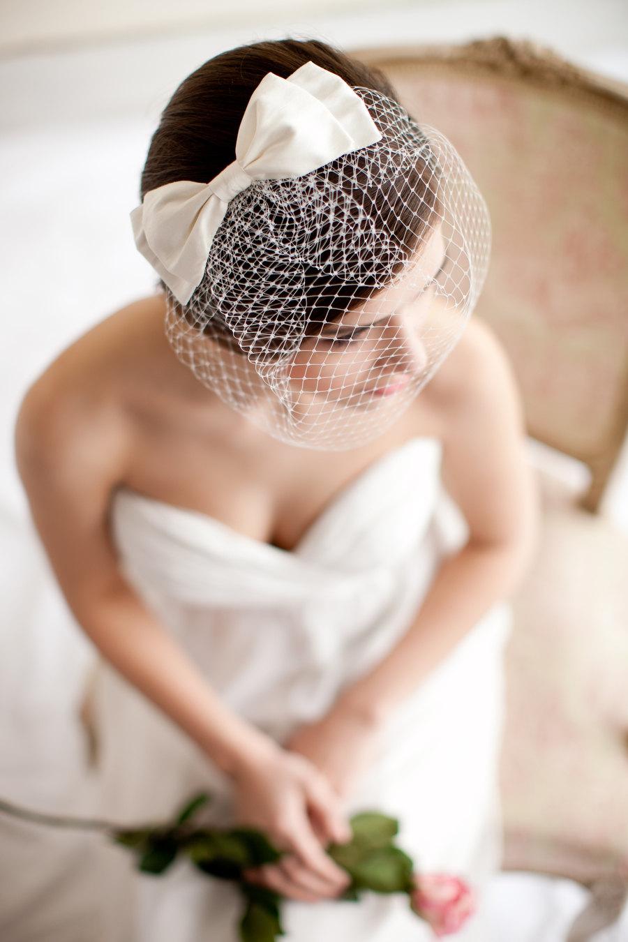 Mariage - Birdcage Veil with Silk Bow, Blusher Veil, Silk Bow, Wedding Veil, Small Birdcage Veil, Style - Audrey - Style 5113