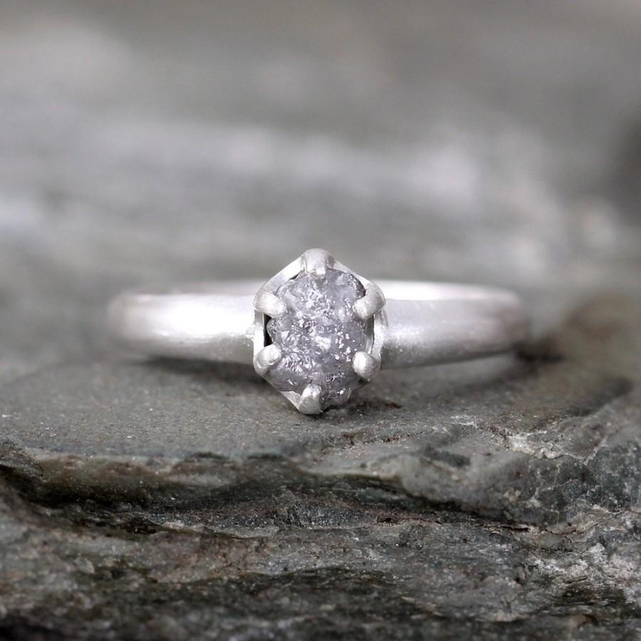 Wedding - Raw Diamond Engagement Ring - Conflict Free - Sterling Silver Matte Texture -  Stacking Ring- Raw Gemstone - April Birthstone - Promise Ring