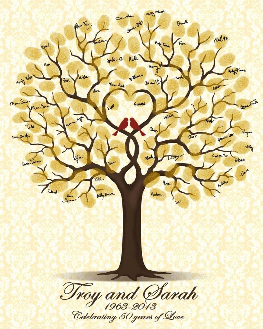 زفاف - 50th Wedding Anniversary Gift - Personalized Golden Anniversary - Printable JPEG Guest Book with Love Birds - Fingerprint Signature Tree