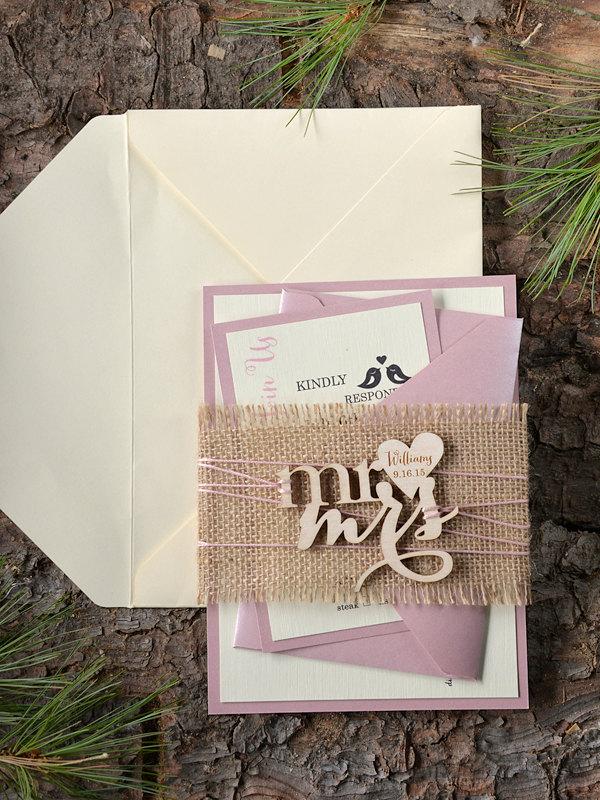 Mariage - Custom listing(20)Rustic Wedding Invitation, Birds Invitation,Burlap Pink Invitations, Wood Invitation,4lovepolkadots, 