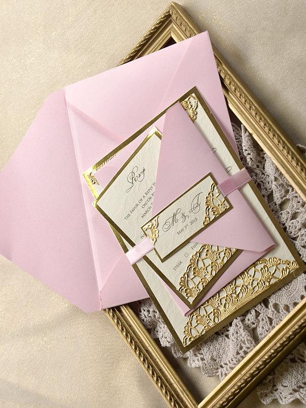 Hochzeit - Custom listing (20) Gold and Pink Wedding Invitation, Wedding Gold Embossed Invitations, Glamour Inviation, 