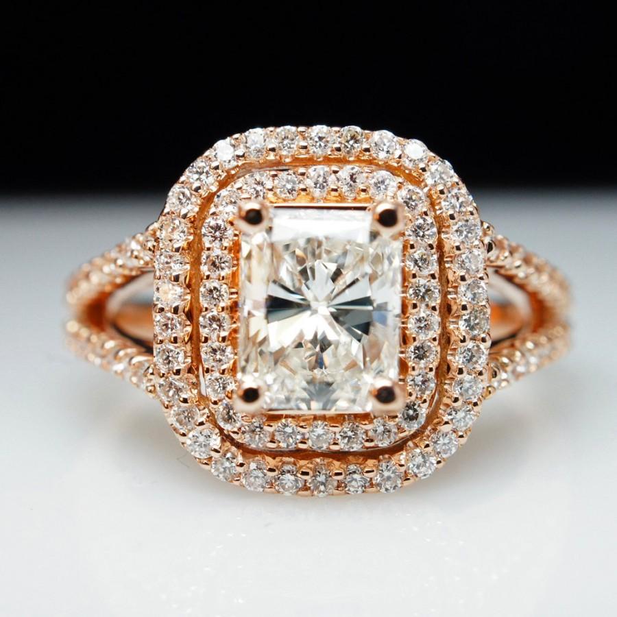 Wedding - Rose Gold Engagement Ring Large Radiant Cut Diamond Ring 14k Gold Pave Double Halo Ring Radiant Engagement Wedding Ring Vintage