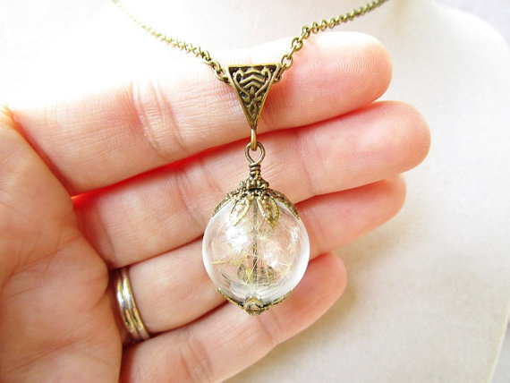 Wedding - Dandelion Seed Glass Orb Terrarium Necklace with Bronze Filigree Flower Petals, Small Orb, Bridesmaids Gifts, Boho Hipster Jewelry