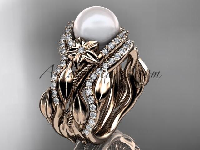 زفاف - 14kt rose gold diamond pearl unique engagement ring with double matching band AP326S