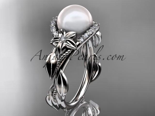 Wedding - Platinum diamond pearl unique engagement ring AP326