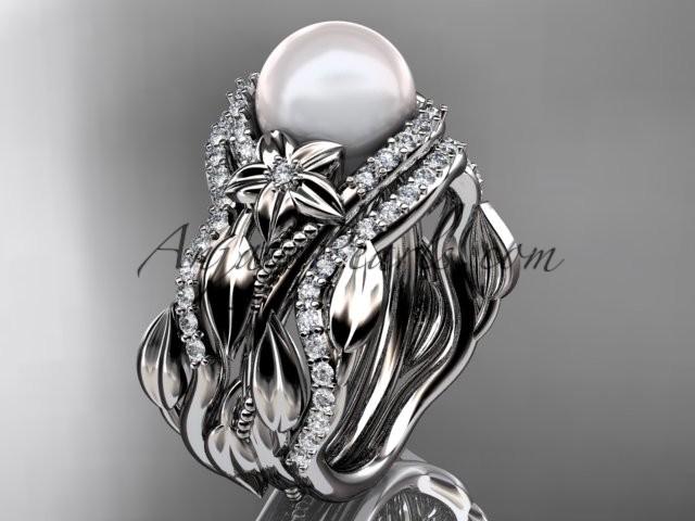 زفاف - platinum diamond pearl unique engagement ring with double matching band AP326S