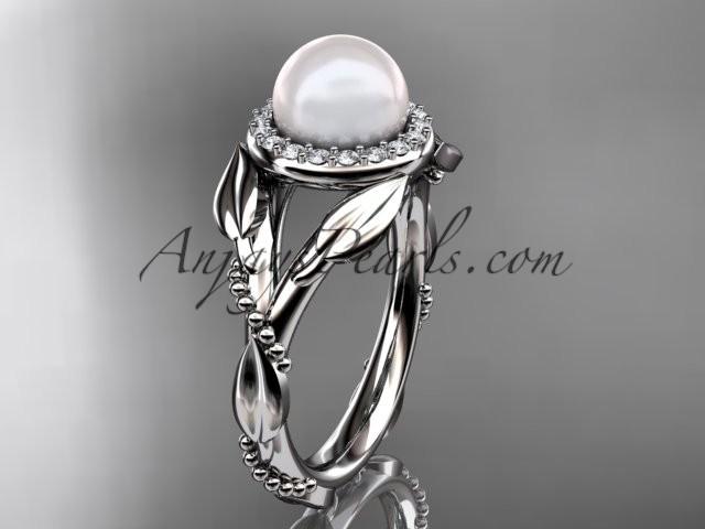 Mariage - 14kt white gold diamond pearl unique engagement ring AP328