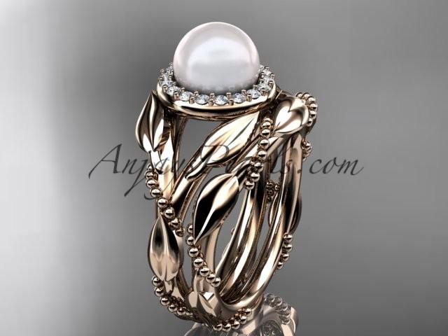 Свадьба - 14kt rose gold diamond pearl unique engagement set AP328S