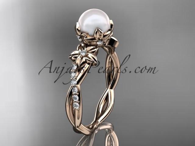 زفاف - 14k rose gold diamond pearl flower engagement ring AP388