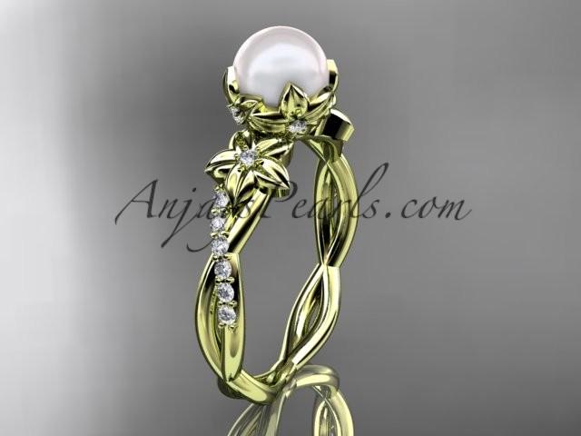 Mariage - 14k yellow gold diamond pearl flower engagement ring AP388