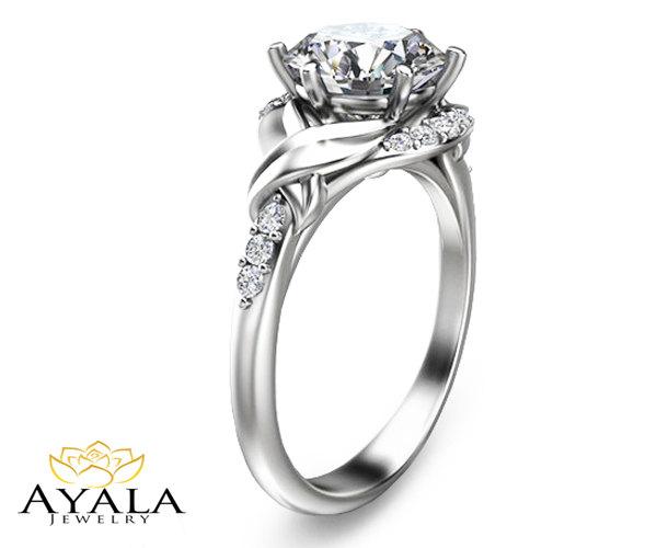 Mariage - 14K White Gold engagement ring  Diamond engagement Ring Leaf ring Unique Engagement Ring