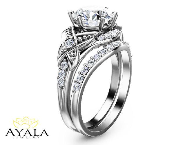 Wedding - Bridal Set 14K White Gold Diamond Engagement ring,Leaf Ring,Matching Wedding Rings.
