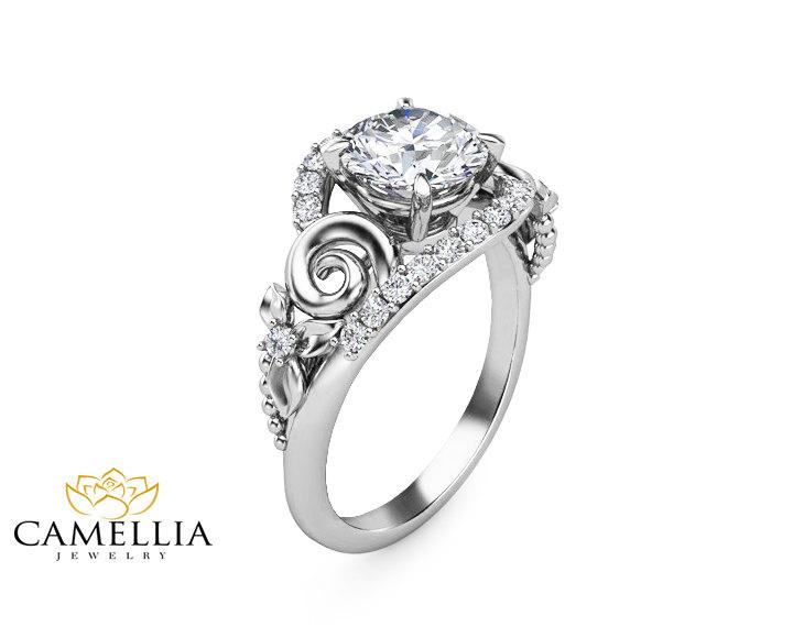 Hochzeit - Unique Diamond Engagement Ring 14K White Gold Diamond Engagement Ring Handmade Engagement Ring White Gold Engagement Ring