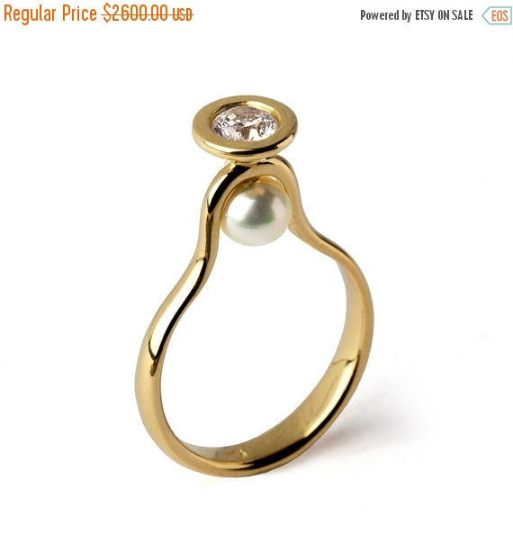 Wedding - Black Friday SALE - VENUS Half Carat Diamond Engagement Ring Yellow Gold, Pearl Engagement Ring, Unique Engagement Ring, Gold Diamond Pearl