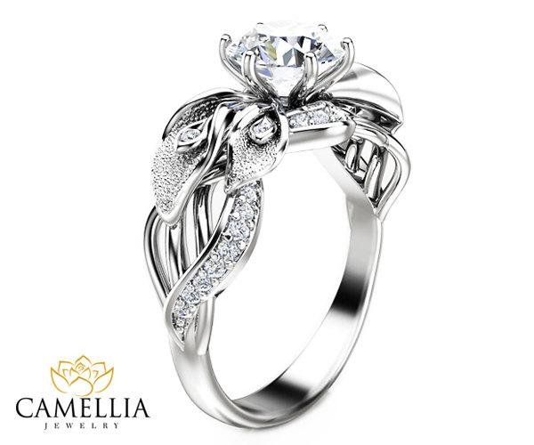 Wedding - Floral Diamond Engagement Ring in 14k White Gold Diamond Flower Ring 6.5mm Round Diamond Ring