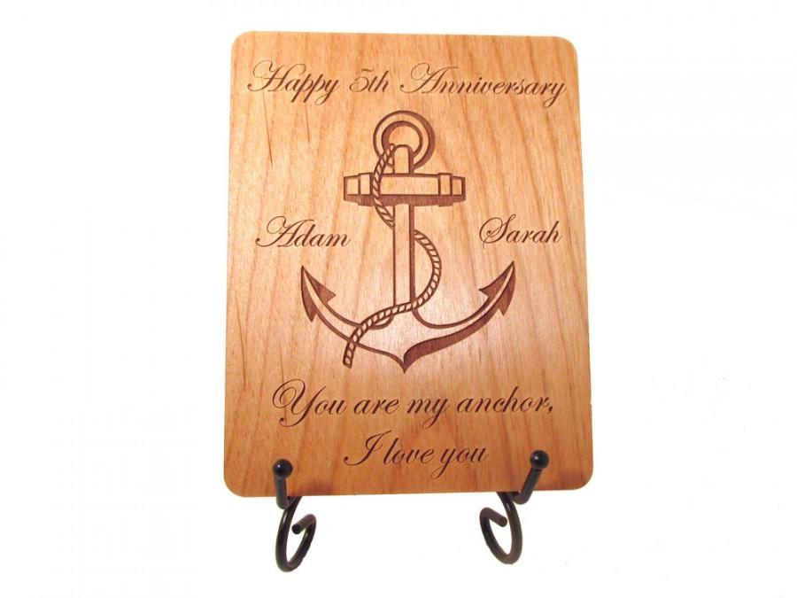زفاف - Anchor Anniversary Card - 5 Year Anniversary Wood Card - Personalized Engraving