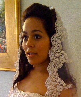 Свадьба - Bridal Lace Veil Mantilla in ivory, white, champagne with beaded lace and silver thread, inspired from Spain