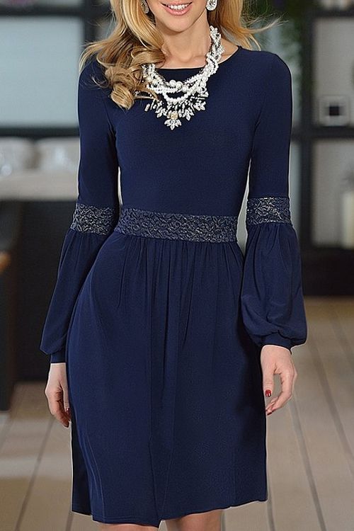 زفاف - Jewel Neck Lace Splicing Long Sleeve Dress