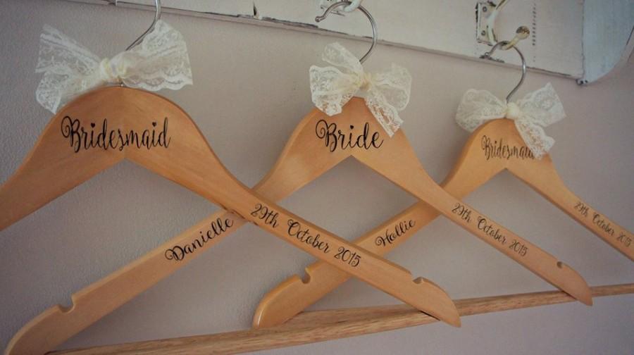 Hochzeit - Personalised wooden engraved Wedding Dress Hangers - personalized hanger