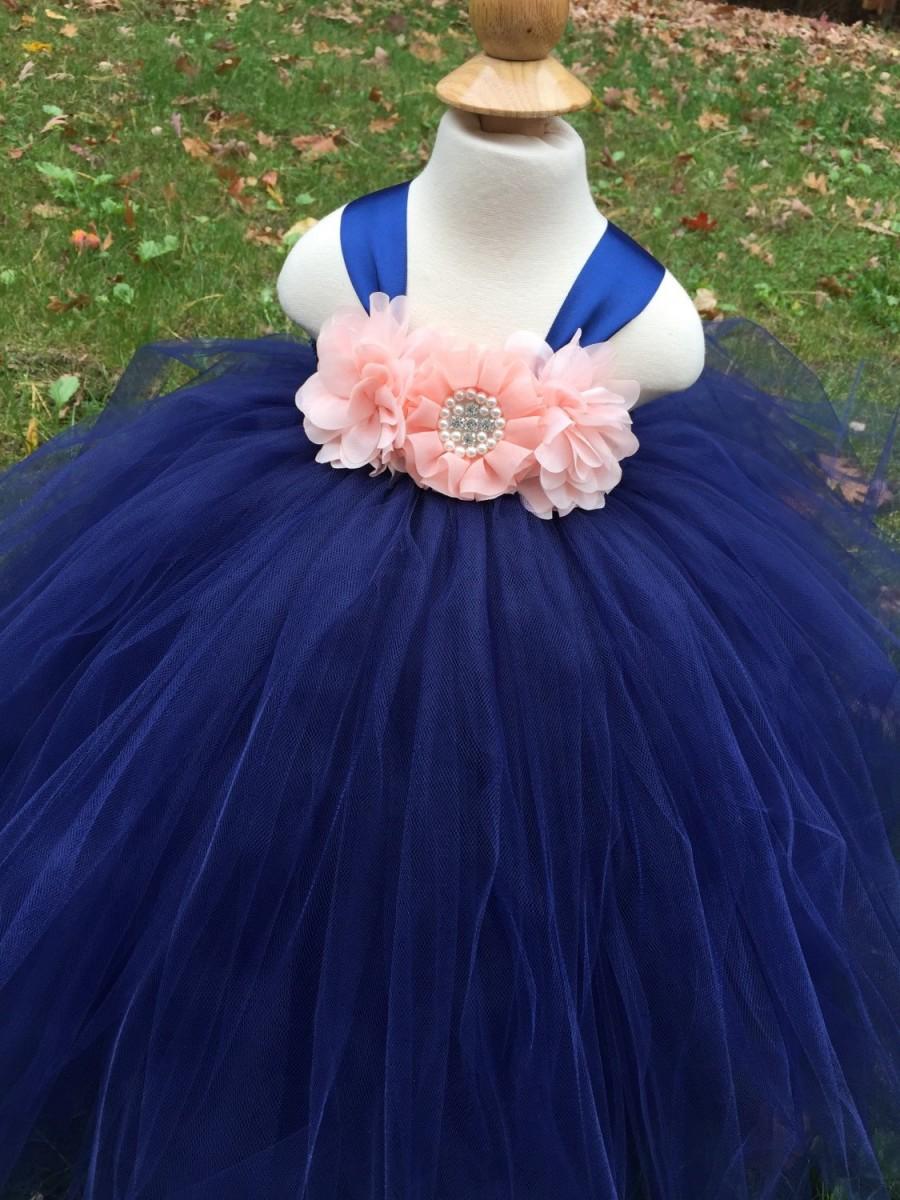 Свадьба - Peach and navy girls tulle dress, peach and navy flower girl dress, peach tulle tutu, navy blue girls tulle dress