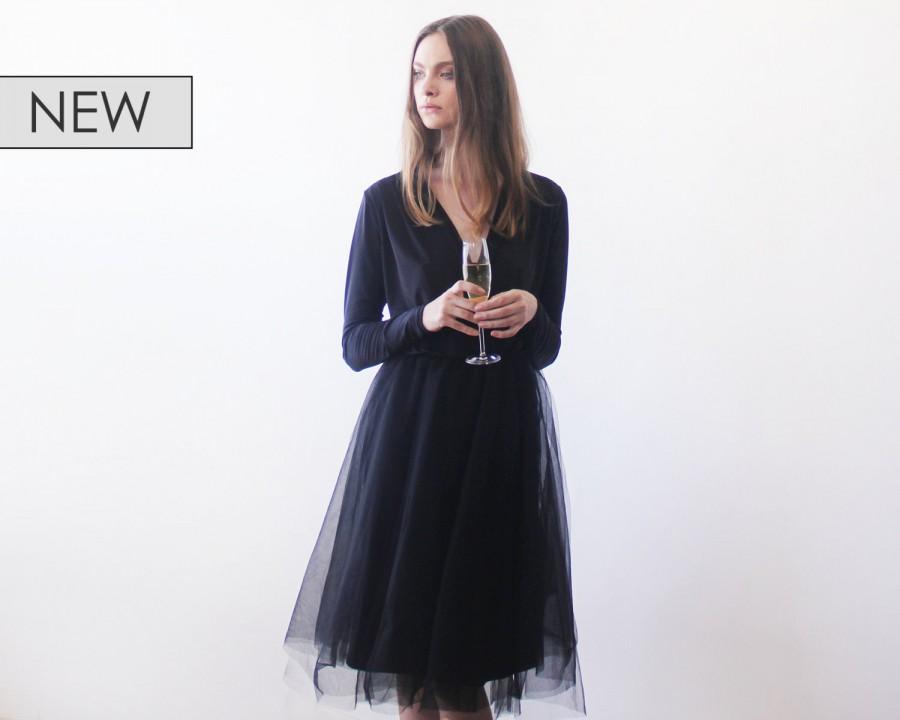 Mariage - Black midi length tulle gown with long sleeves , Black bridesmaids tulle gown