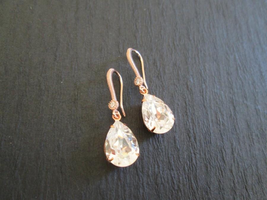 زفاف - NEW Rose Gold Swarovski Earrings/ Clear Crystal Bridesmaid Jewelry/ Wedding Jewelry/Crystal Earrings/Rose Gold Earrings/ Rose Gold Setting