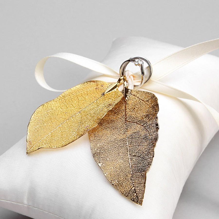 Wedding - Gold ring pillow, rustic wedding ring pillow, ring pillow alternative - Real leaves
