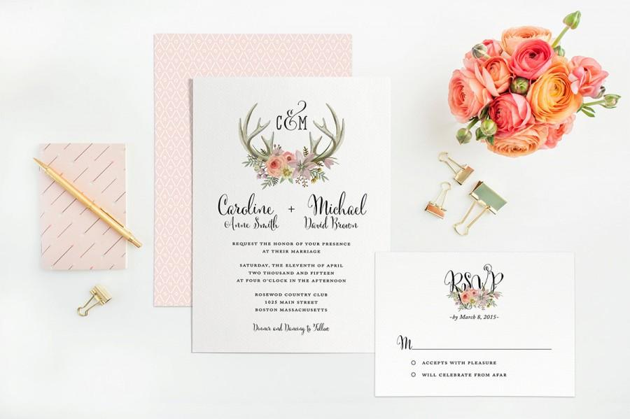 Mariage - Antlers and Flowers Rustic Wedding Invitation, Printable Woodland Wedding Invite, DIY Wedding Themes
