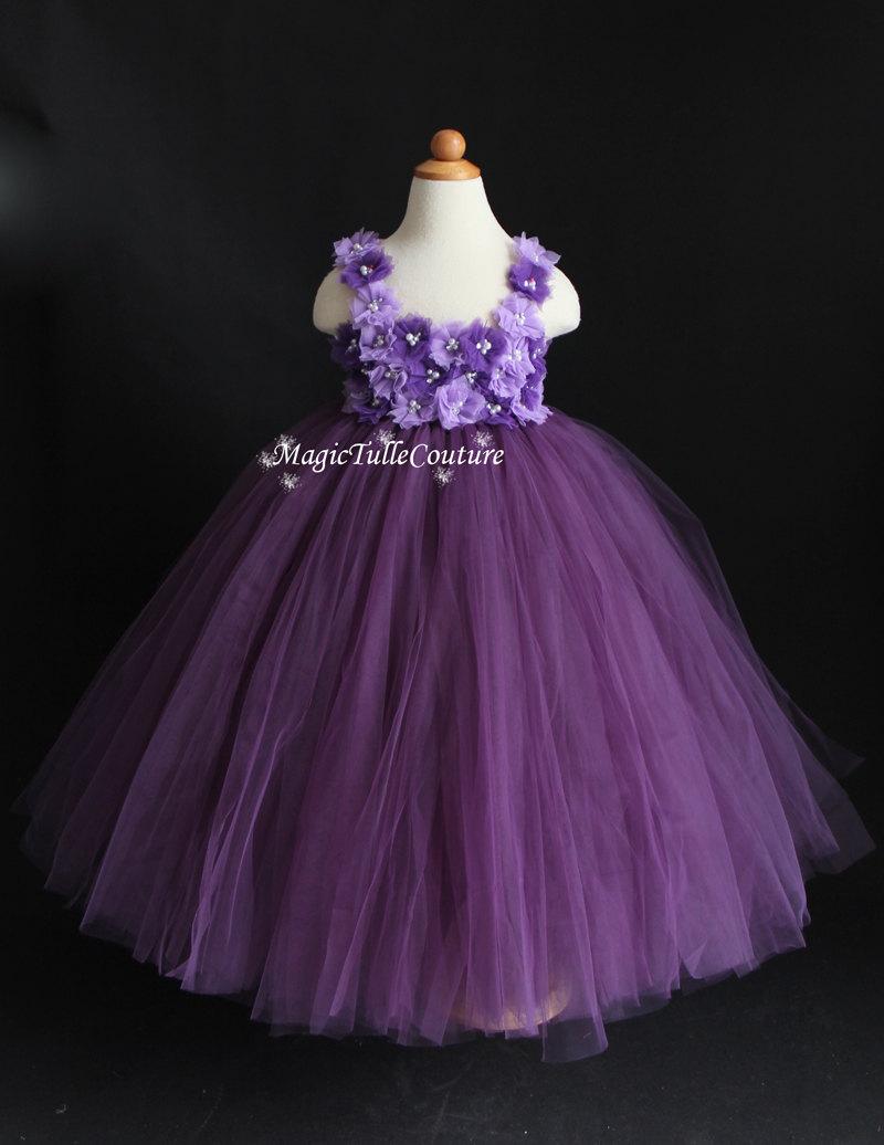 Mariage - Dust Plum Eggplant Purple Violet Mixed Flower Girl Tutu Dress birthday parties dress Easter dress Occasion dress (with a matching headpiece)