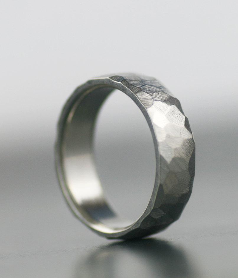 Wedding - Men's wedding band - 950 palladium, 14K white gold, platinum, or palladium sterling silver unique hand faceted ring for him or her