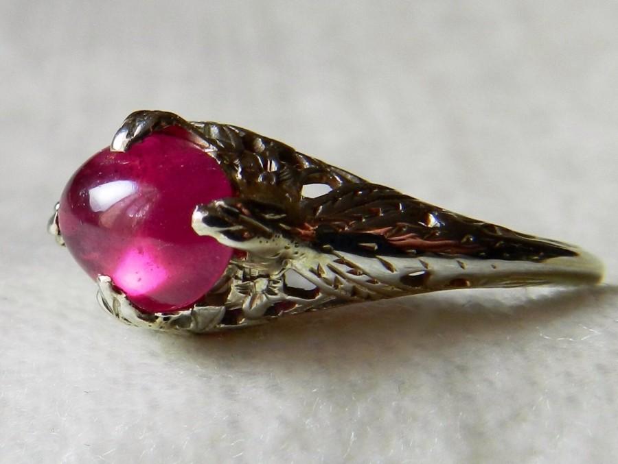 زفاف - Art Deco Engagement Ring Pink Sapphire Ring Natural 1.75 Ct Pink Sapphire  Orange Blossom Filagree in 14k white gold Cabochon Cut Sapphire