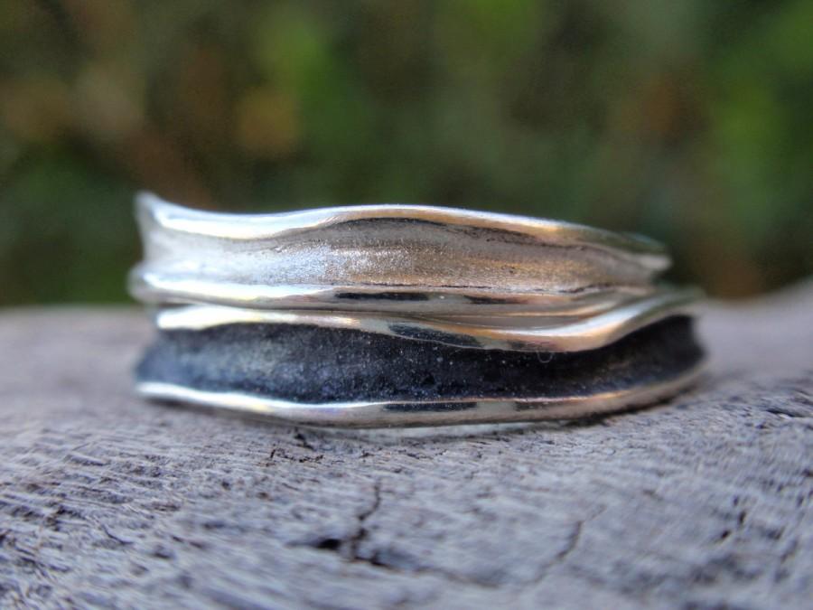 زفاف - wedding bands sterling silver wavy channel shaped stacking rings or wedding band set of 2 rings for men and women oxidized silver jewelry