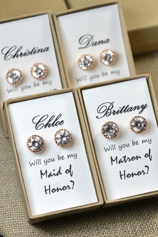 Hochzeit - Round Cubic Zirconia Earrings,Crystal Bridesmaid Earring,Bridesmaid Gift,Crystal rose Gold Earrings,Stud earrings, will you be my bridesmaid