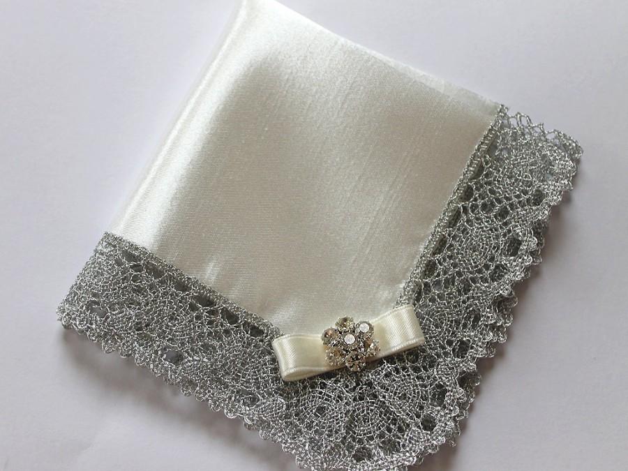 Hochzeit - Wedding Hanky, Bride, Mother of Bride/Groom Gift, White or Ivory Bridal Satin Handkerchief w/ Silver Lace & Flower Rhinestone