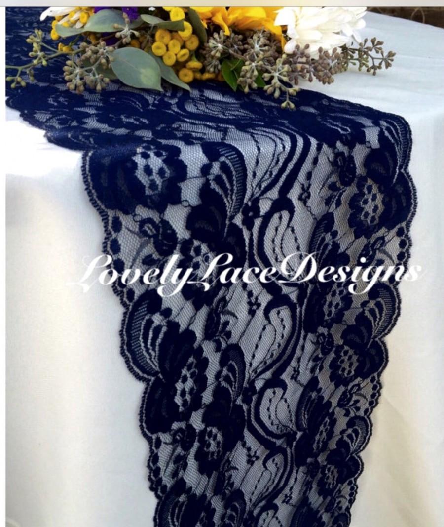 Mariage - Navy Lace Table Runner/7" wide x12ft-20ft long/Wedding Decor/Navy weddings/Nautical/Party Decor/Etsy finds/Tabletop decor/autumn