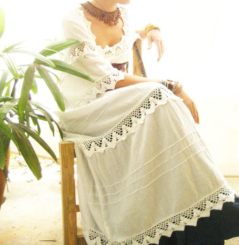 زفاف - Maya Vintage intricate pure cotton Maxi white dress