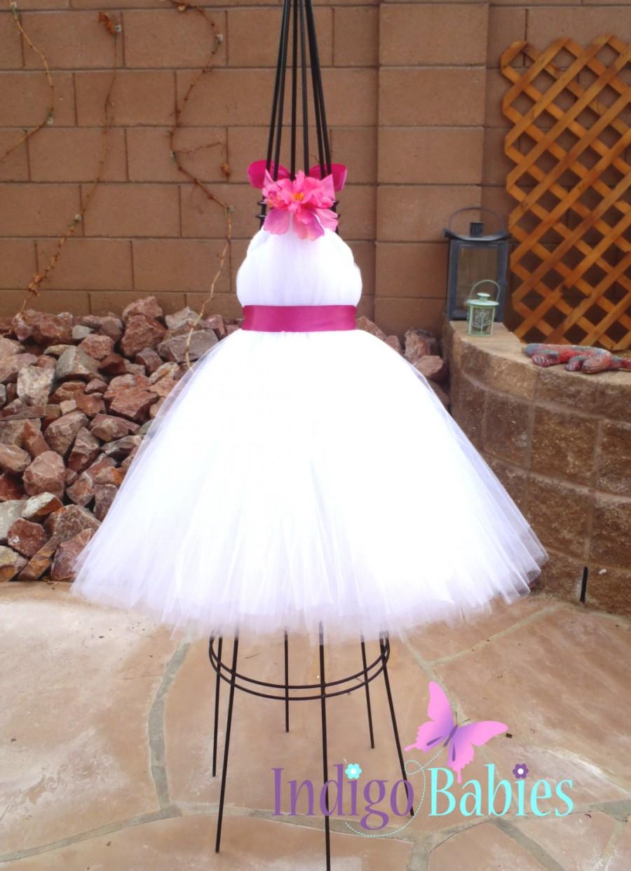 زفاف - Tutu Dress, Flower Girl Dress, White Tulle, Fuchsia Ribbon, Hot Pink Flower, Fabric Flower, Portrait Dress, Wedding Flower Girl Dress