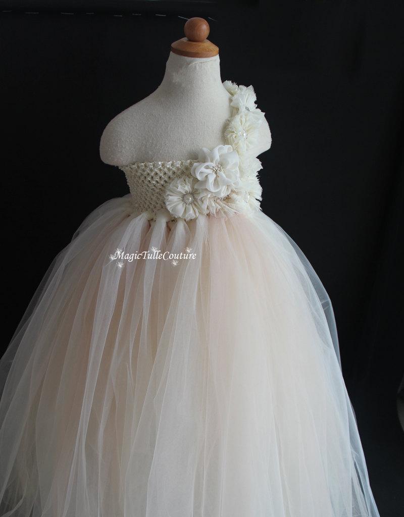 Mariage - Ivory and champagne vintage flower girl tutu dress wedding dress Junior Bridesmaid Dress 1T2T3T4T5T6T7T8T9T