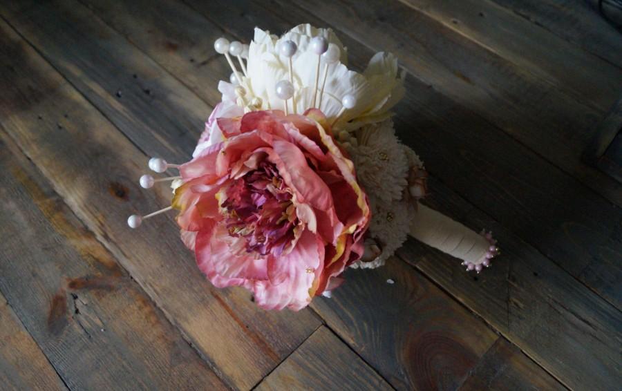 Wedding - Bridal Bouquet, Romantic Wedding Bouquet, Keepsake Bouquet, Fabric flower bouquet, vintage style, rustic  style, Peony silk flower bouquet