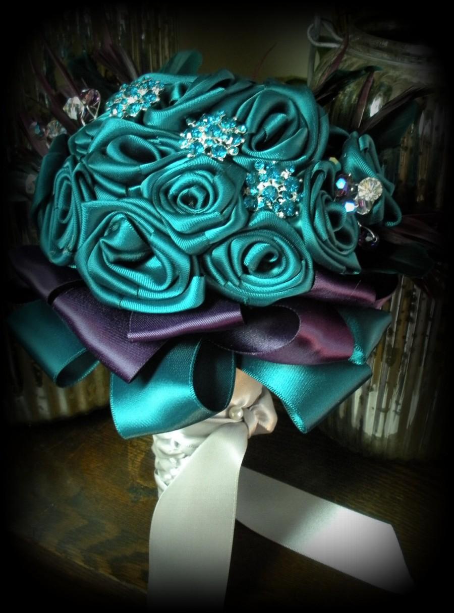 Hochzeit - Teal, Plum,Silver Feather & Crystal Bridal Bridesmaid Bouquet